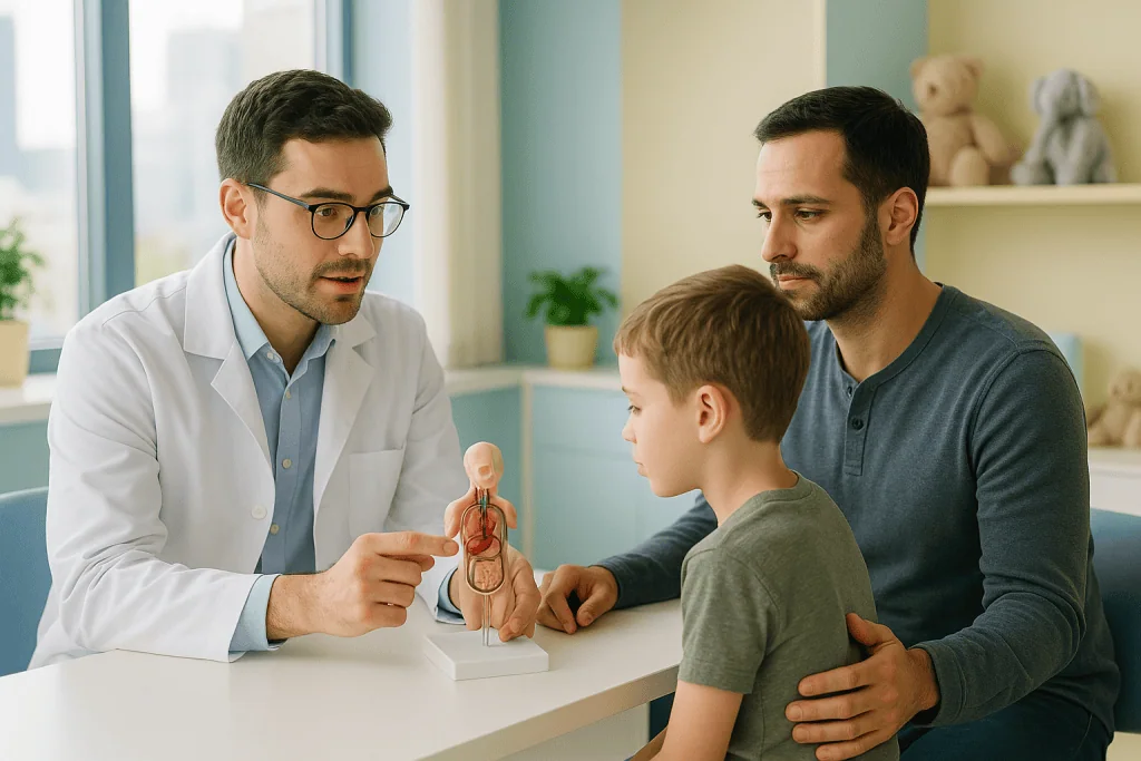 Pediatric Cancers Treatment 1 Pediatric consultation at Acibadem Hospitals Group with doctor explaining kidney model.