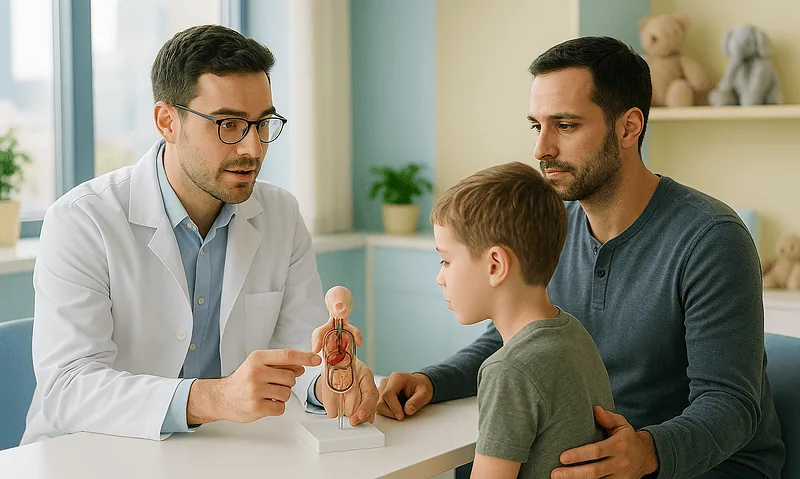 Pediatric consultation at Acibadem Hospitals Group with doctor explaining kidney model.