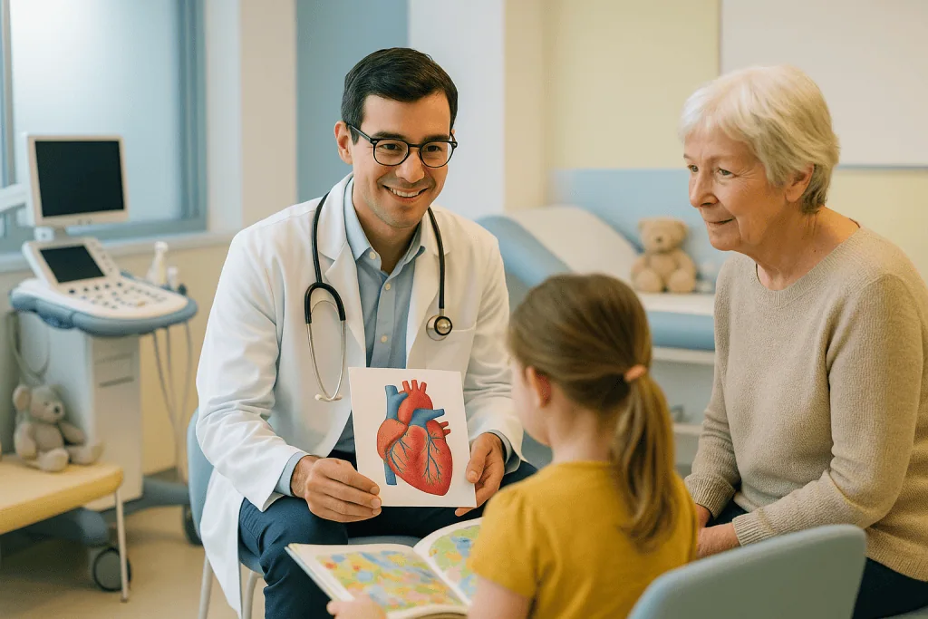 Pediatric Cardiac Surgery 1 Pediatric cardiologist explaining heart health to young girl and her grandmother.