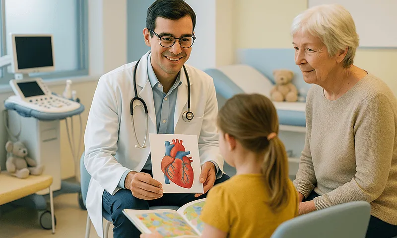 Pediatric cardiologist explaining heart health to young girl and her grandmother.