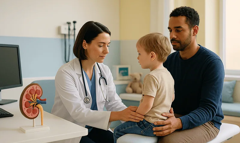 Pediatric nephrology consultation with doctor and young patient in hospital.