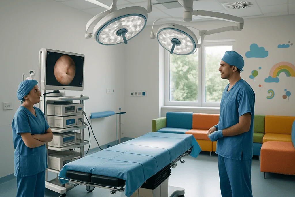 Pediatric Chronic Kidney Disease 1 Medical team preparing for pediatric endoscopy in a modern hospital room.