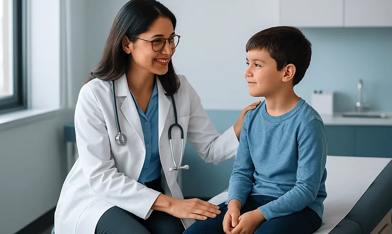 Pediatric doctor consulting young patient in a hospital setting.