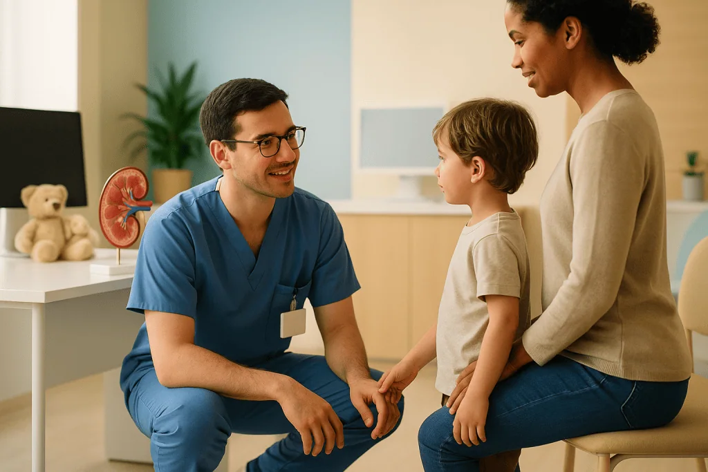 Pediatric Chronic Kidney Disease Treatment 1 Pediatric nephrologist consulting with young patient and mother in clinic.