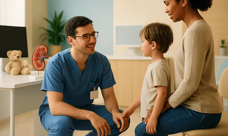 Pediatric nephrologist consulting with young patient and mother in clinic.