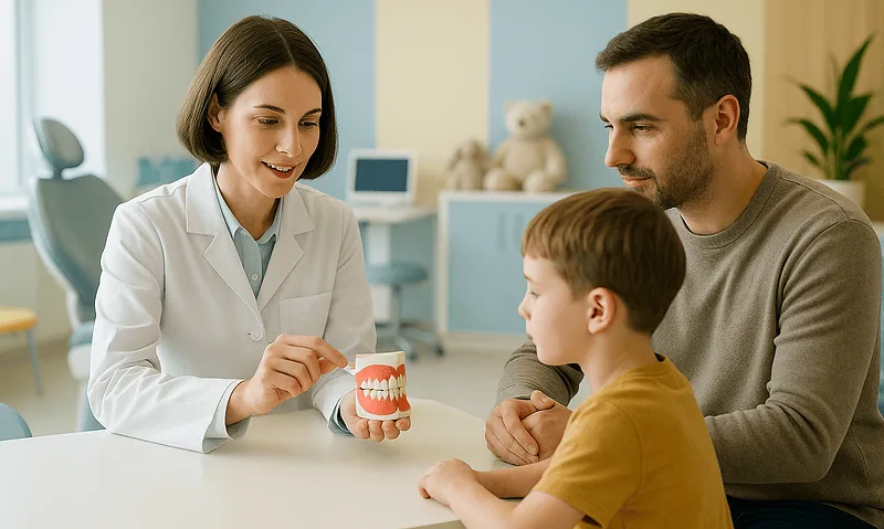Pediatric dentist explaining dental care to a young boy and his father.