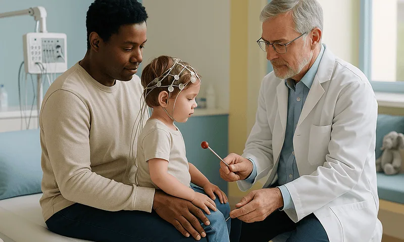 Pediatric neurologist consulting with young girl and her father in hospital.