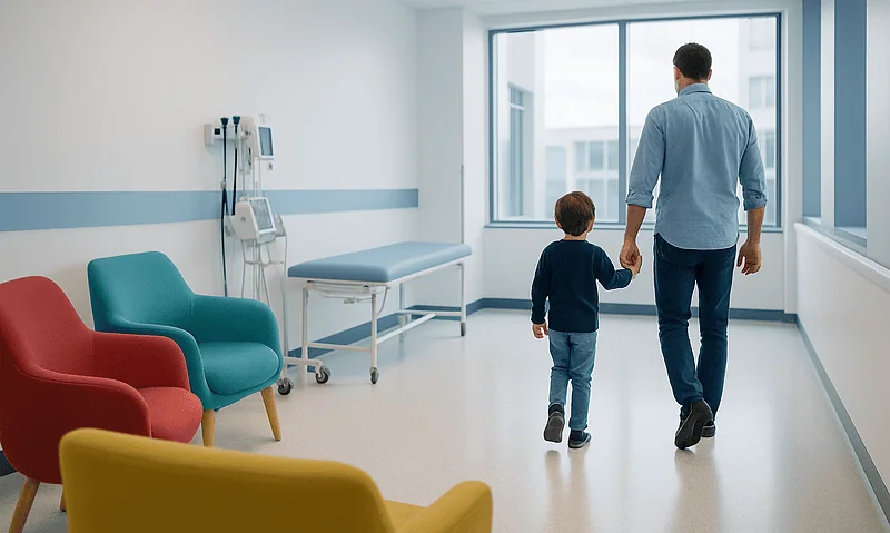 Father and child walking in a hospital corridor with medical equipment and seating.