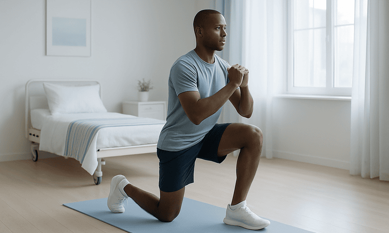Man performing knee exercise at home for pediatric movement therapy.