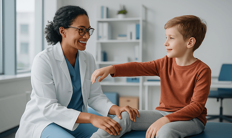 Pediatric physical therapist examining a young boy's leg in a clinic setting.