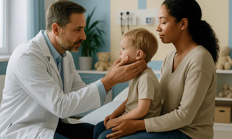 Pediatric doctor examining a young boy with mother in a clinic setting.