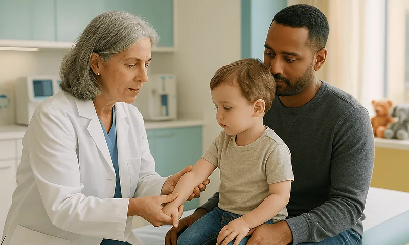 Pediatric consultation with doctor and parent in hospital setting.