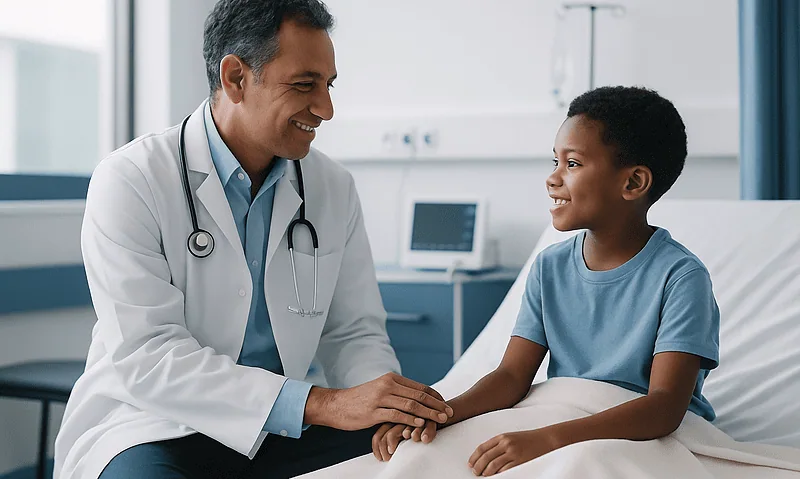 Pediatric doctor smiling with young patient in hospital room.
