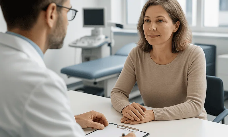Doctor consulting with a female patient in a medical office.