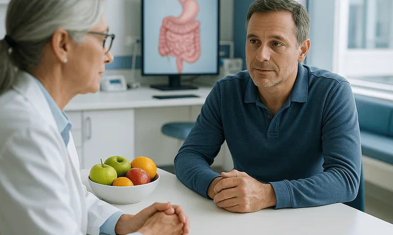 Doctor consulting patient about PEG placement in a medical office.