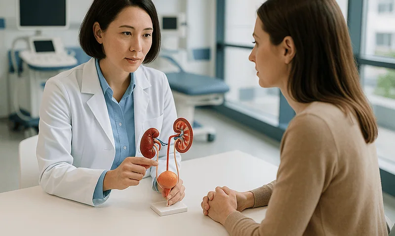 Doctor explaining pelvic organs to a patient in a medical consultation.