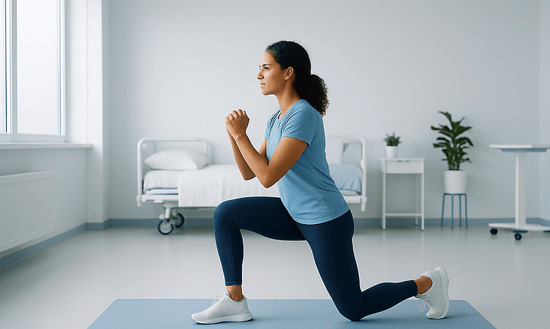 Woman performing pelvic floor exercise in a clinical setting.