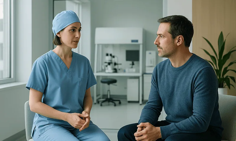 Doctor consulting with male patient in a modern hospital room.