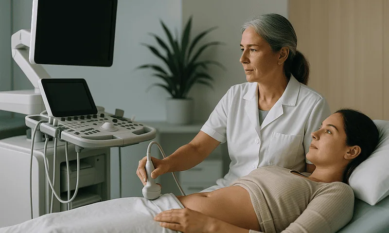 Gynecologist performing an ultrasound examination on a patient in a hospital room.