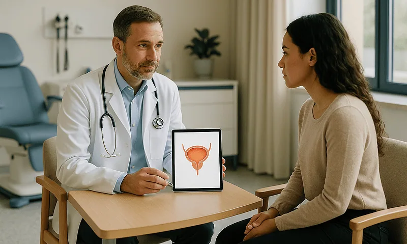 Doctor explaining pelvic health to patient with bladder diagram on tablet.