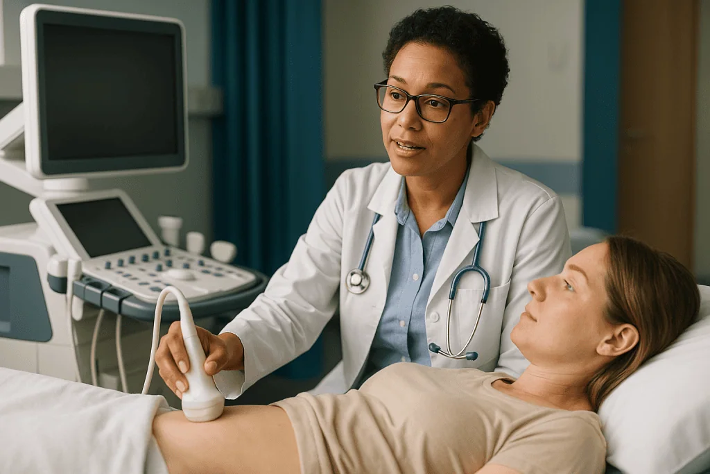 Doctor performing pelvic ultrasound examination on patient: Pelvic ultrasound for fertility: what the scan can and cannot se