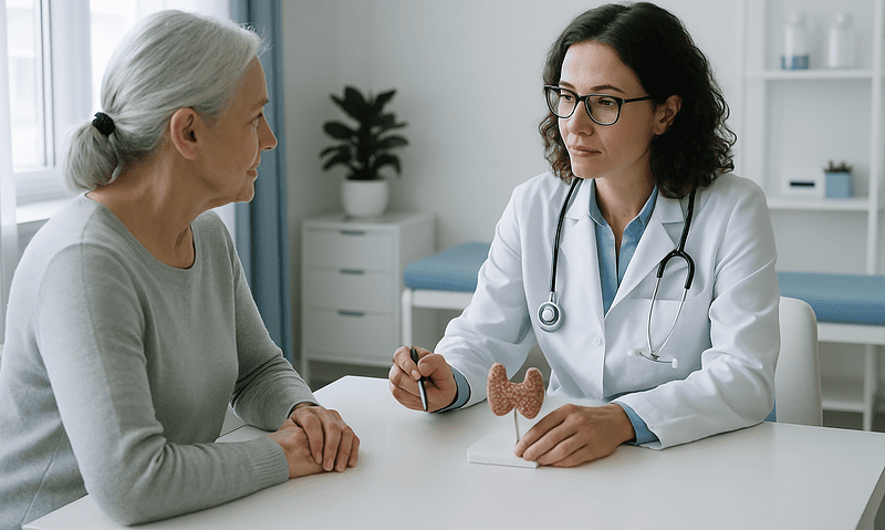 Doctor consulting with an elderly woman in a medical office.