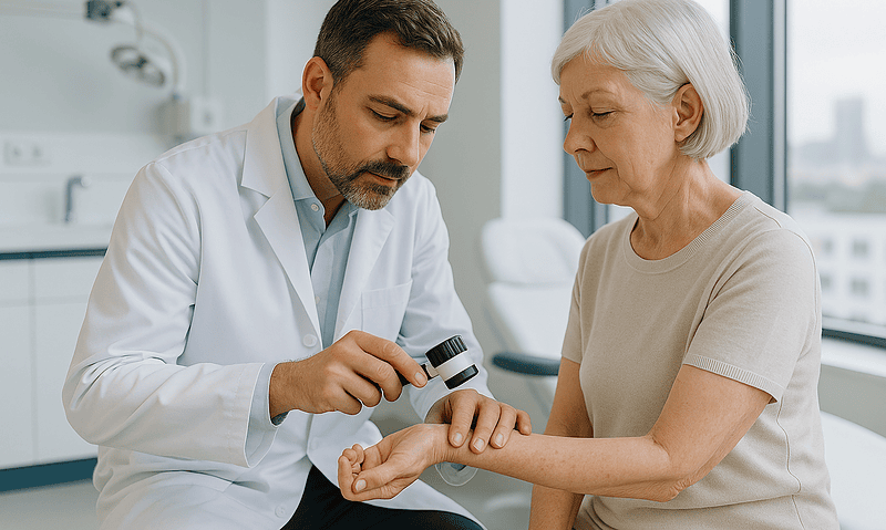 Dermatologist examining elderly woman's skin for skin condition.