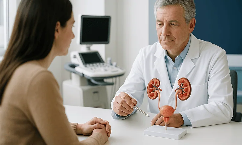 Urologist explaining kidney health to a patient in a medical consultation.