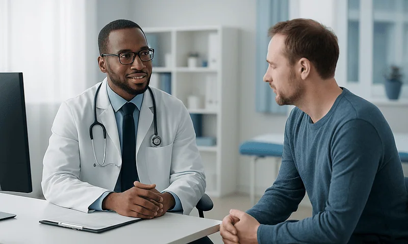Doctor consulting with patient in a medical office setting.