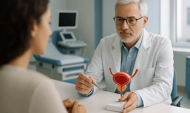 Urologist explaining male reproductive health to a patient in a clinic.