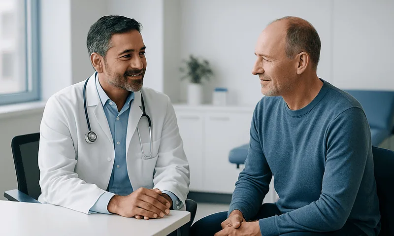 Urologist consulting with a patient about penile implant options in a clinic.