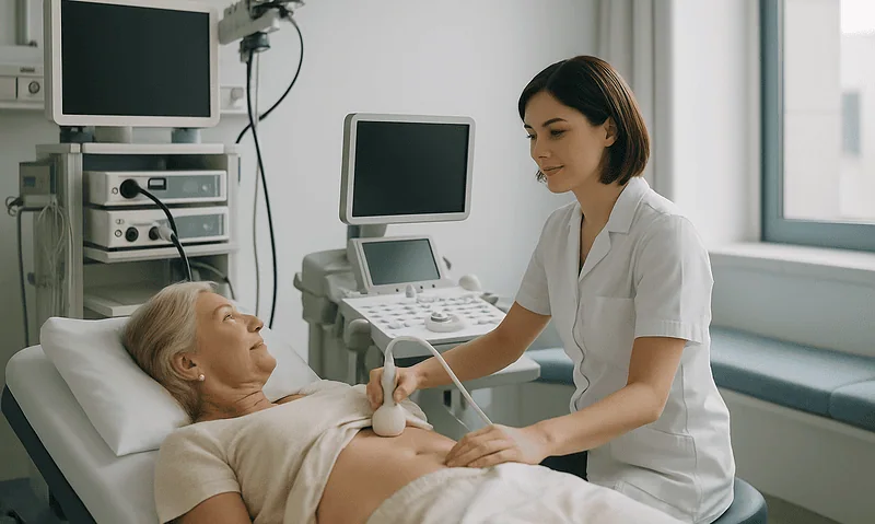 Doctor performing an ultrasound on a patient in a hospital room.