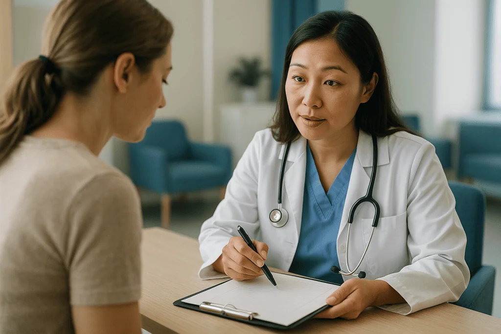 Doctor consulting with patient at desk: Per transfer, per retrieval, or cumulative: which IVF success rate should you read?