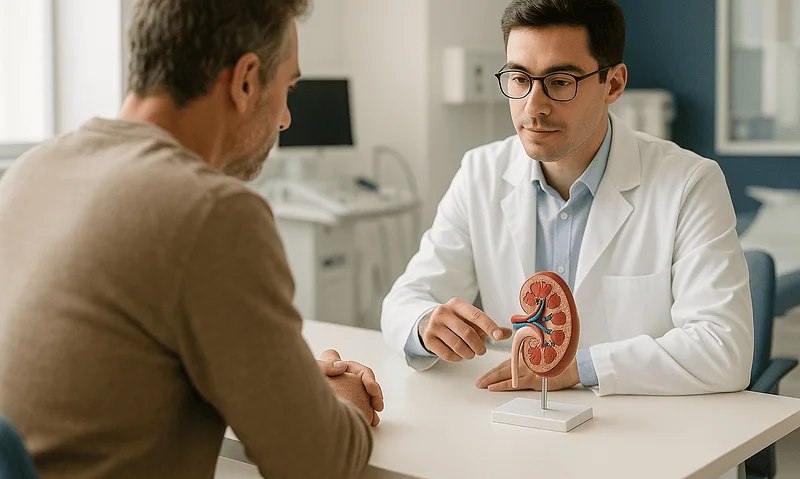 Doctor explaining kidney health to patient with kidney model in clinic.