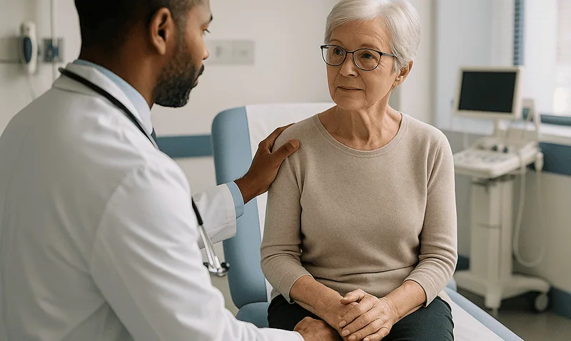 Doctor consulting with an elderly female patient in a hospital room.