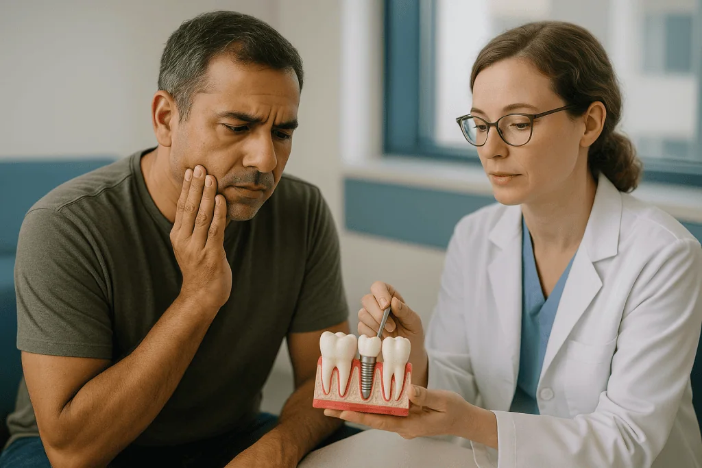 Dentist consulting patient about dental implant model: Peri-implant mucositis vs peri-implantitis: the two stages