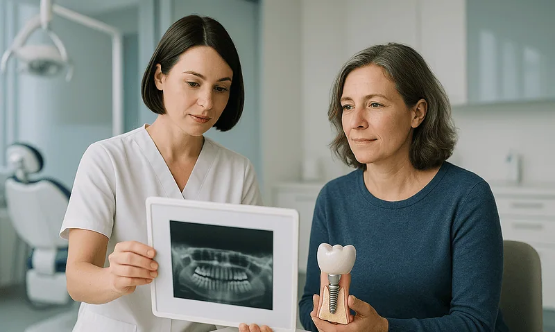 Dentist explaining dental implant to patient with X-ray and model in clinic.