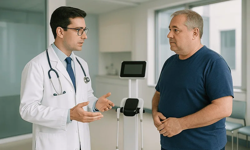 Doctor consulting with patient in a hospital room.