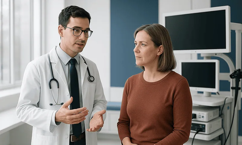 Doctor consulting with a female patient in a medical office setting.