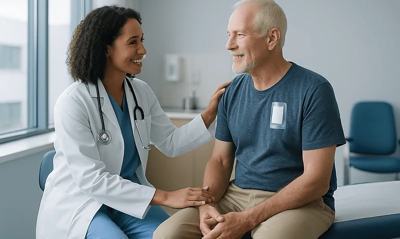 Doctor comforting a senior male patient in a hospital room.