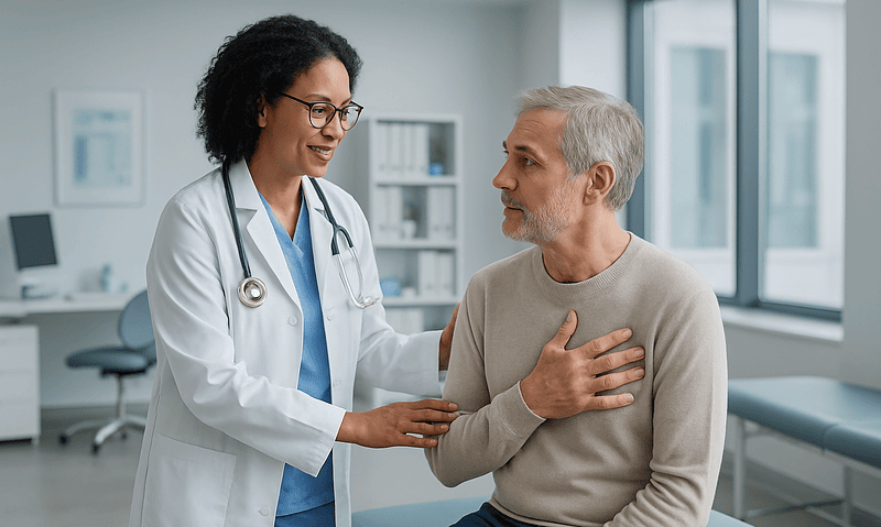 Doctor consulting with an elderly male patient in a hospital setting.
