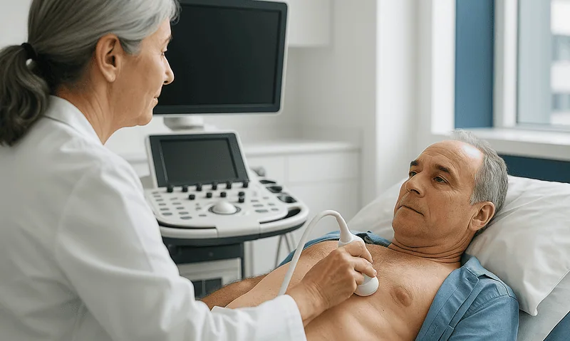 Doctor performing an ultrasound on a male patient in a hospital room.