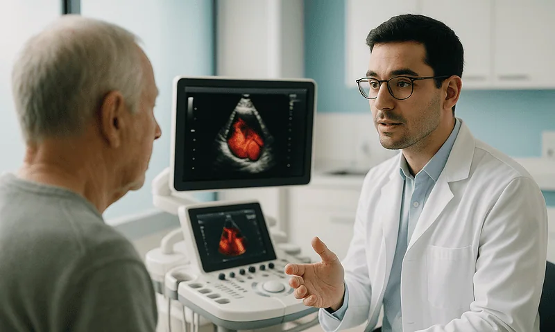 Doctor explaining heart ultrasound to elderly patient in medical clinic.