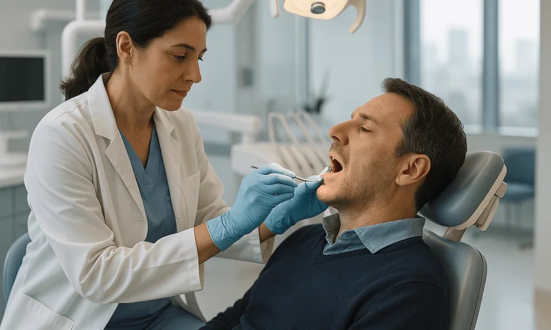 Dentist examining patient's mouth in a dental clinic setting.
