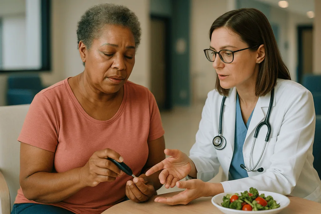 Doctor consulting patient about nutrition with salad: Periodontitis and blood sugar: how an inflamed mouth raises A1C