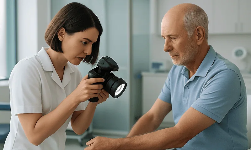 Doctor examining patient's arm in a medical consultation at Acibadem Hospital.