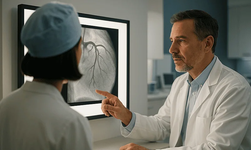 Doctor explaining peripheral artery disease to a nurse in front of an angiogram image.