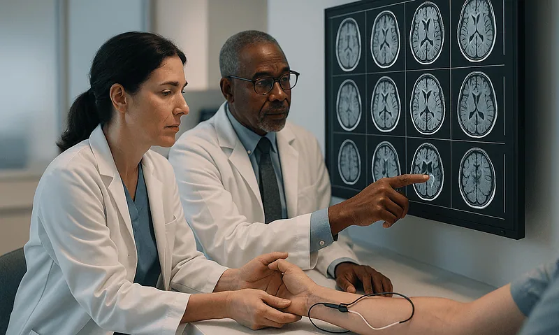 Doctors examining brain MRI scans for peripheral nerve assessment.