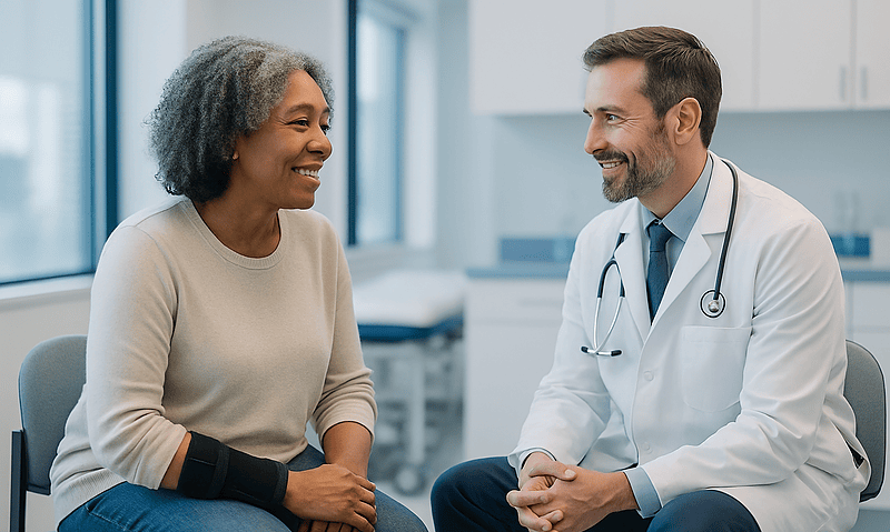Doctor consulting with a female patient in a medical office.