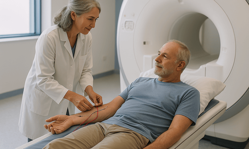 Doctor preparing patient for MRI scan in a hospital setting.